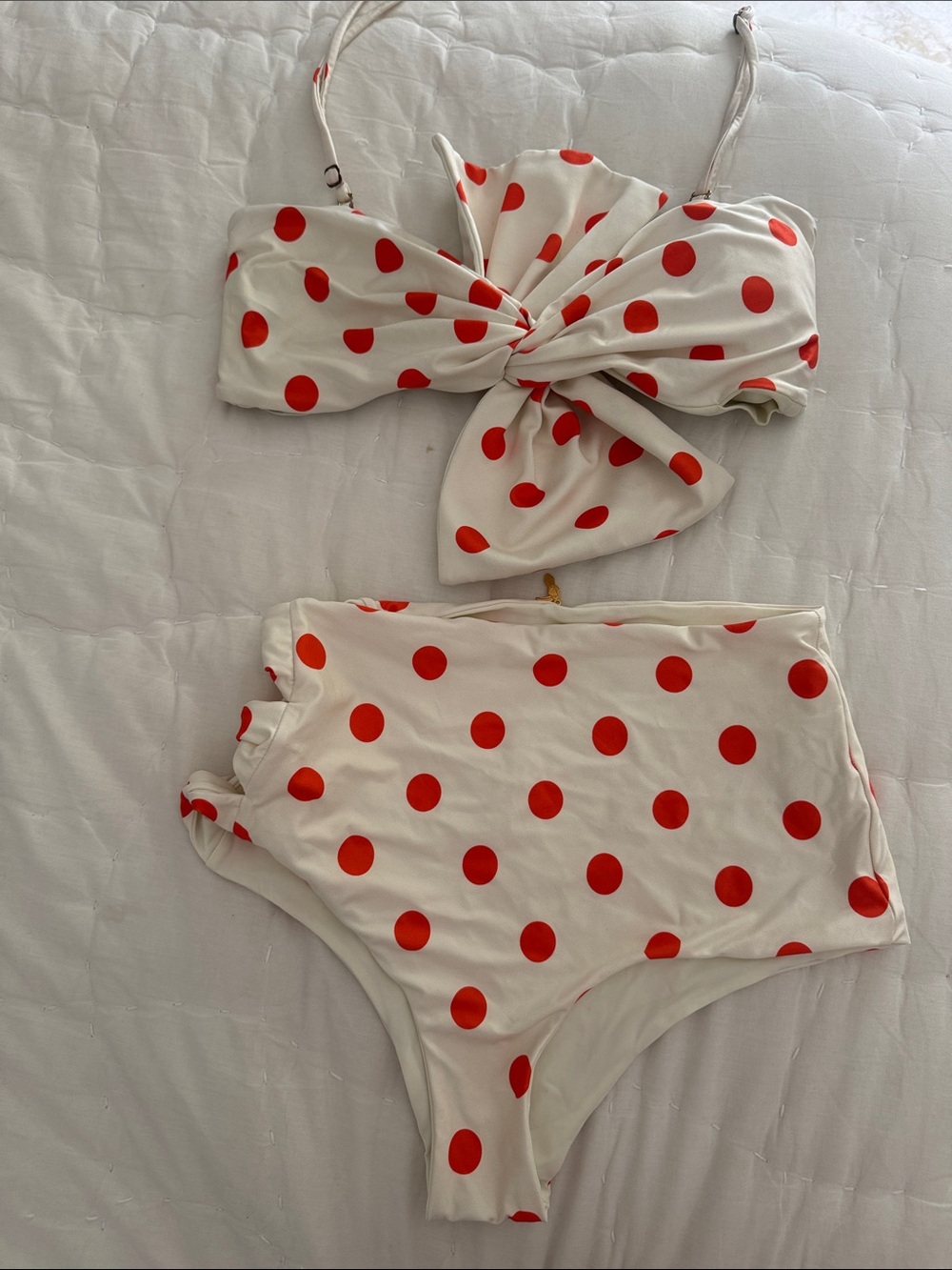 High-Waist White and Red Polka Dot Bikini Set